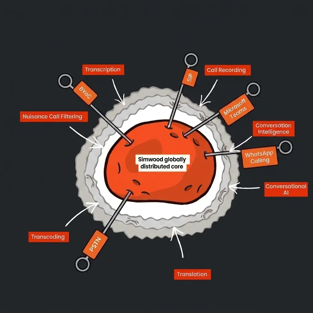 The Simwood Potato at rest: the globally distributed core wrapped in service foil layers, with five transport skewers (SIP, Microsoft Teams, WhatsApp Calling, PSTN, BYoC) stuck in from around the potato